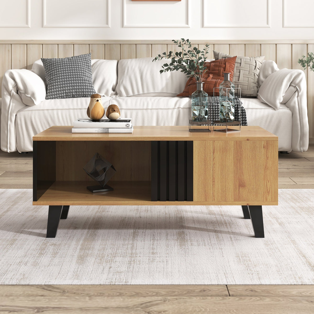 Coffee table with side table and drawer, versatile storage, wood and black design