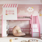 House Loft Bed 90x200cm with Storage Shelf & Stairs, Pink Iron