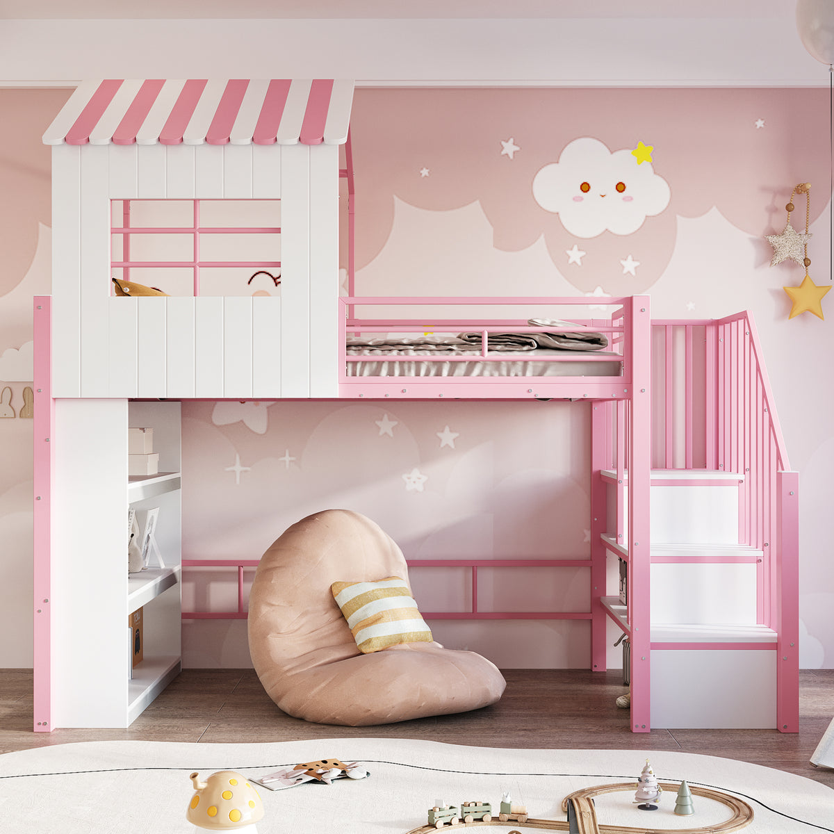 House Loft Bed 90x200cm with Storage Shelf & Stairs, Pink Iron