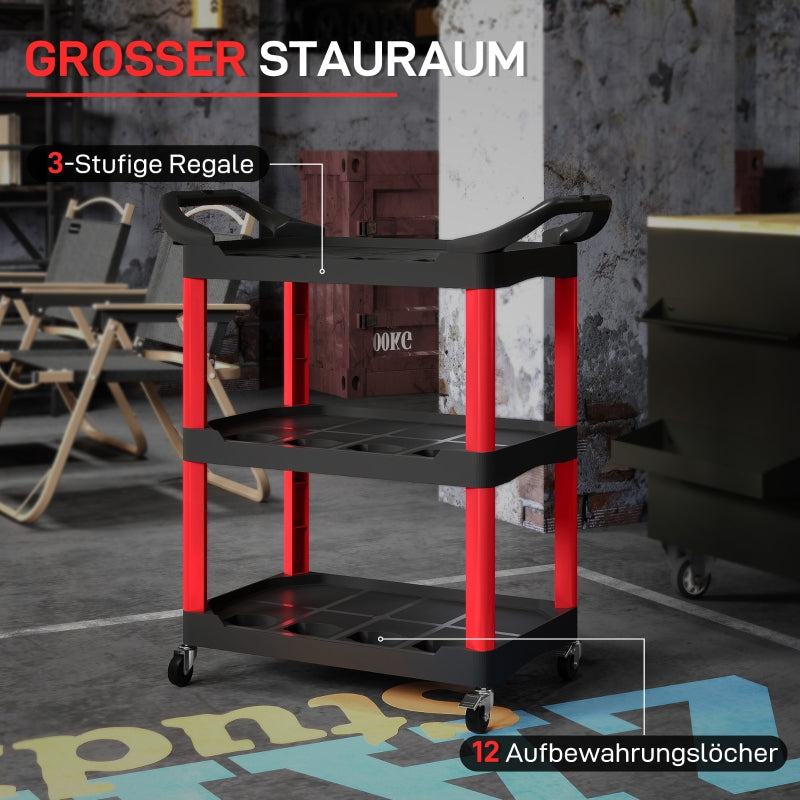 Workshop trolley 3 levels, tool trolley with handle, 91 kg load capacity, red + black