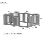Children's bed 140 x 200, wooden floor bed frame with fence and door, grey