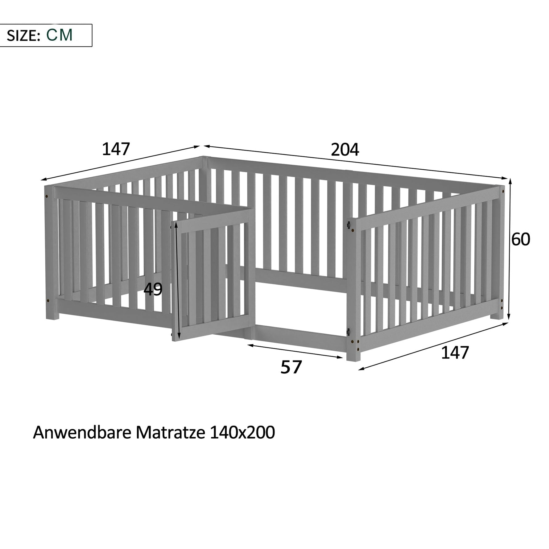 Children's bed 140 x 200, wooden floor bed frame with fence and door, grey