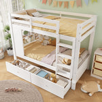 Bunk Bed 90x200 cm with 2 Drawers, Shelf & Ladder, White Wood