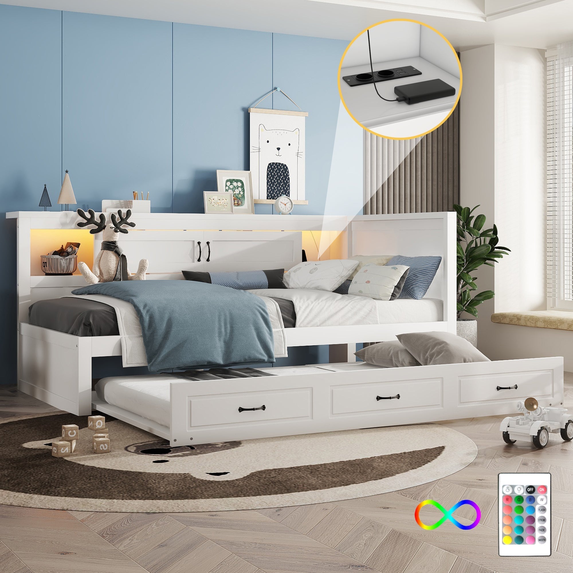 Sofa Bed Daybed with LED Lights, Pull-Out Bed and USB Charging, White