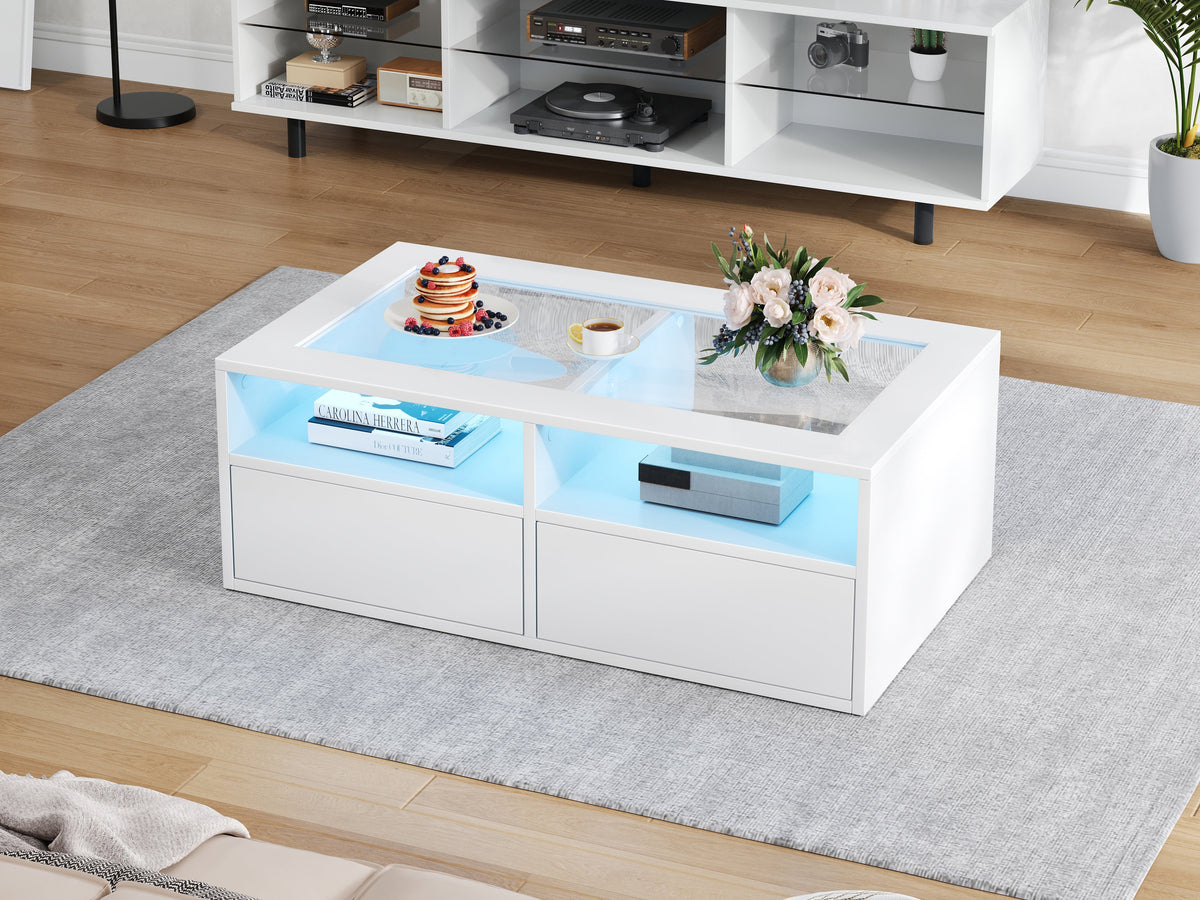 Coffee Table with LED Light and 2 Drawers, Glass and White