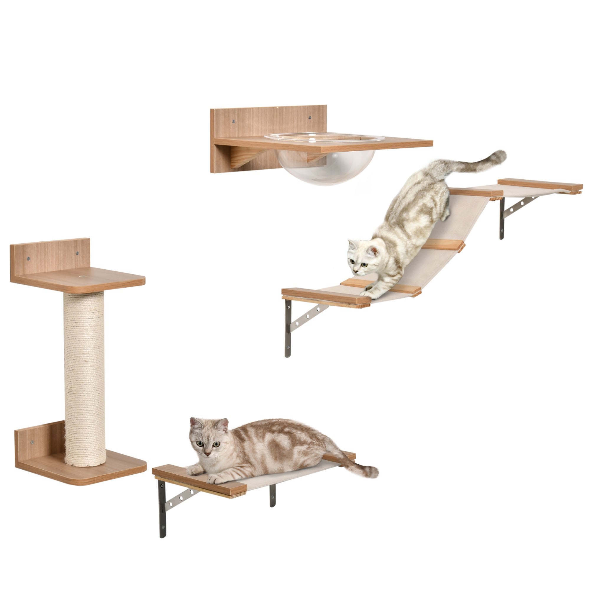 Cat Set with Scratching Post, Stairs & Hammock, Light Brown, Sisal, Acrylic, Pine