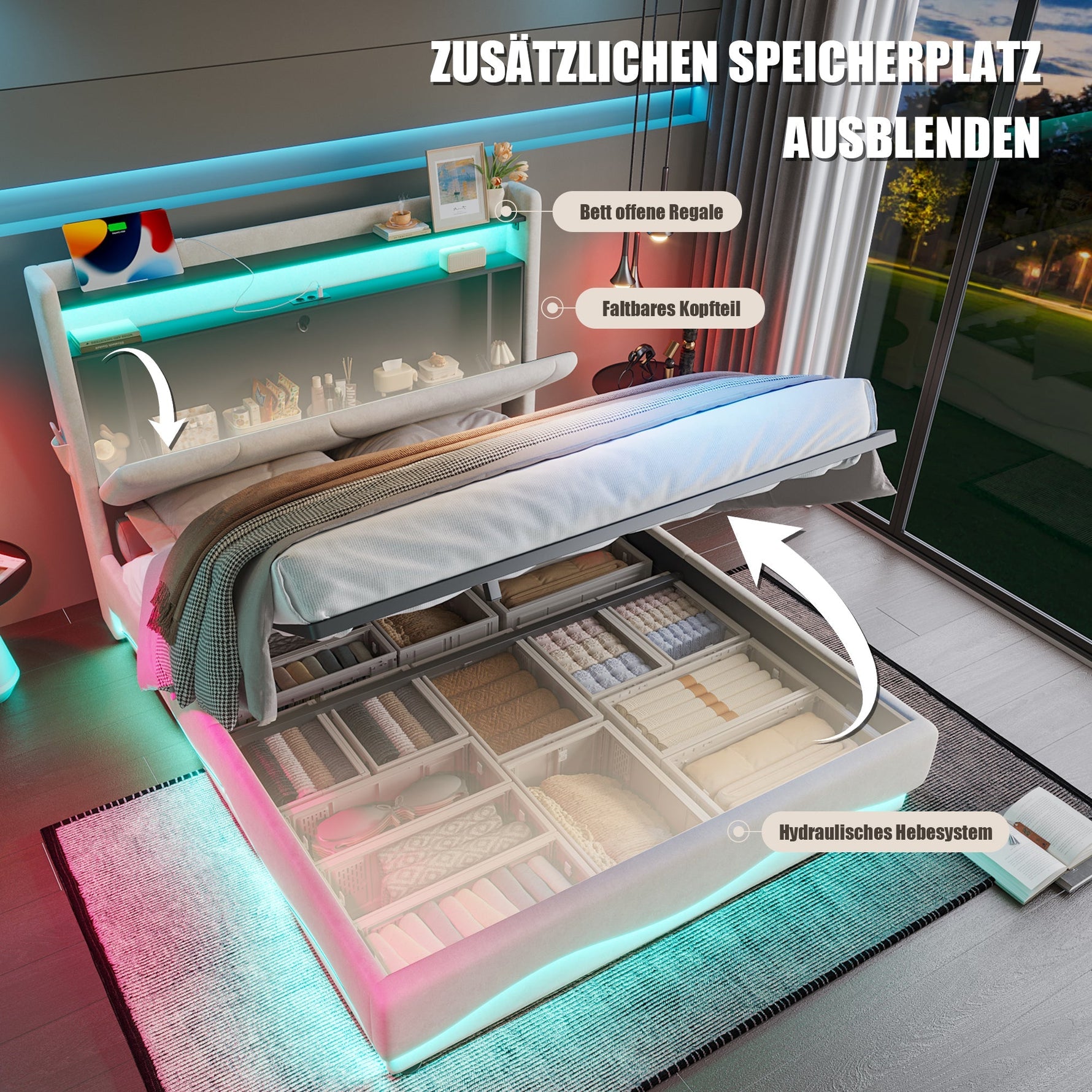Modern Upholstered Bed 140x200cm, LED Headboard, Storage, USB Ports, Gas Spring Slatted Base