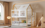 Bunk Bed, Storage Ladder House Bed with Safety Gate, Window & Roof, Pine+MDF White+Natural, 90x200cm