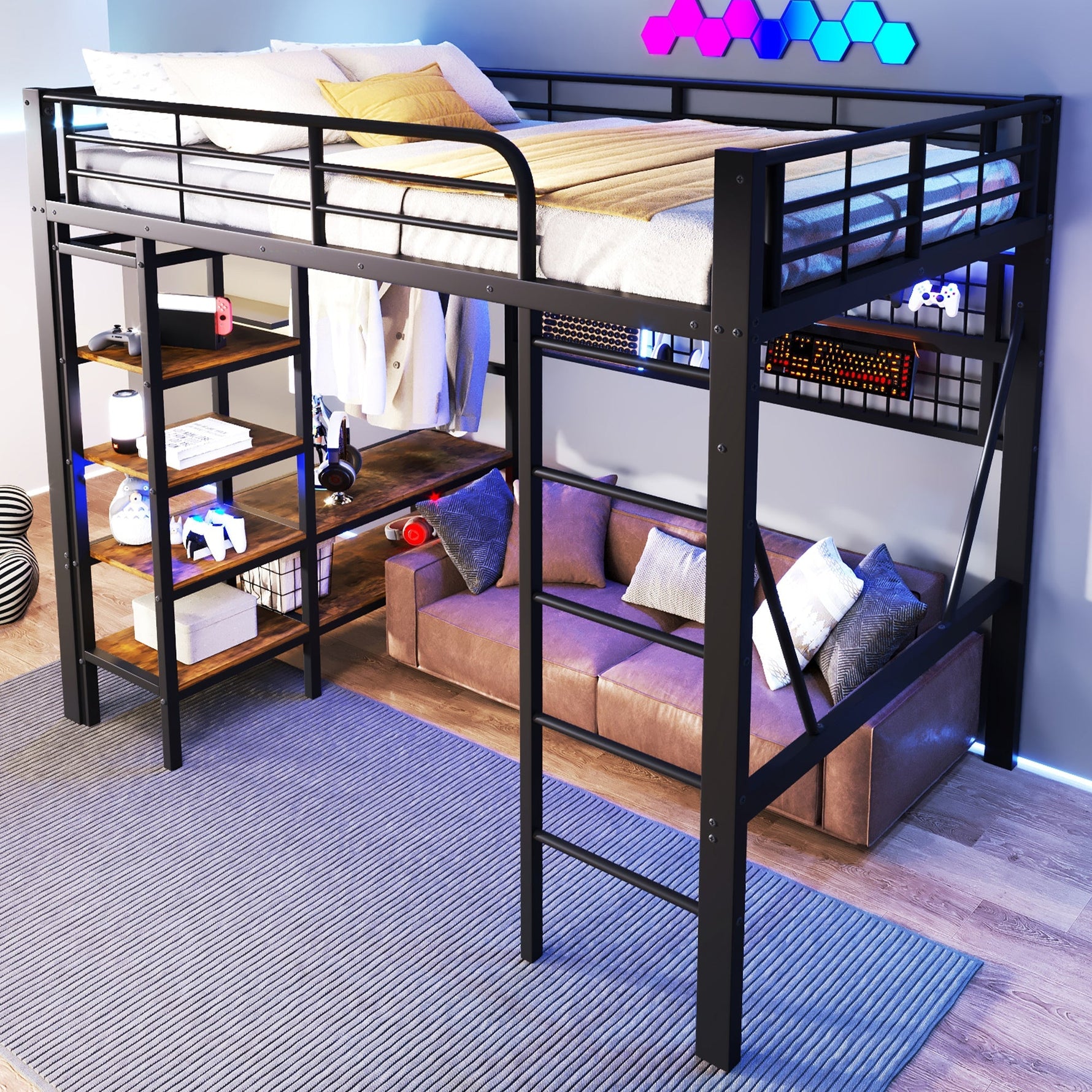 Loft Bed with Storage, Net, Clothes Rail and LED Light Strip, Iron Frame, Black