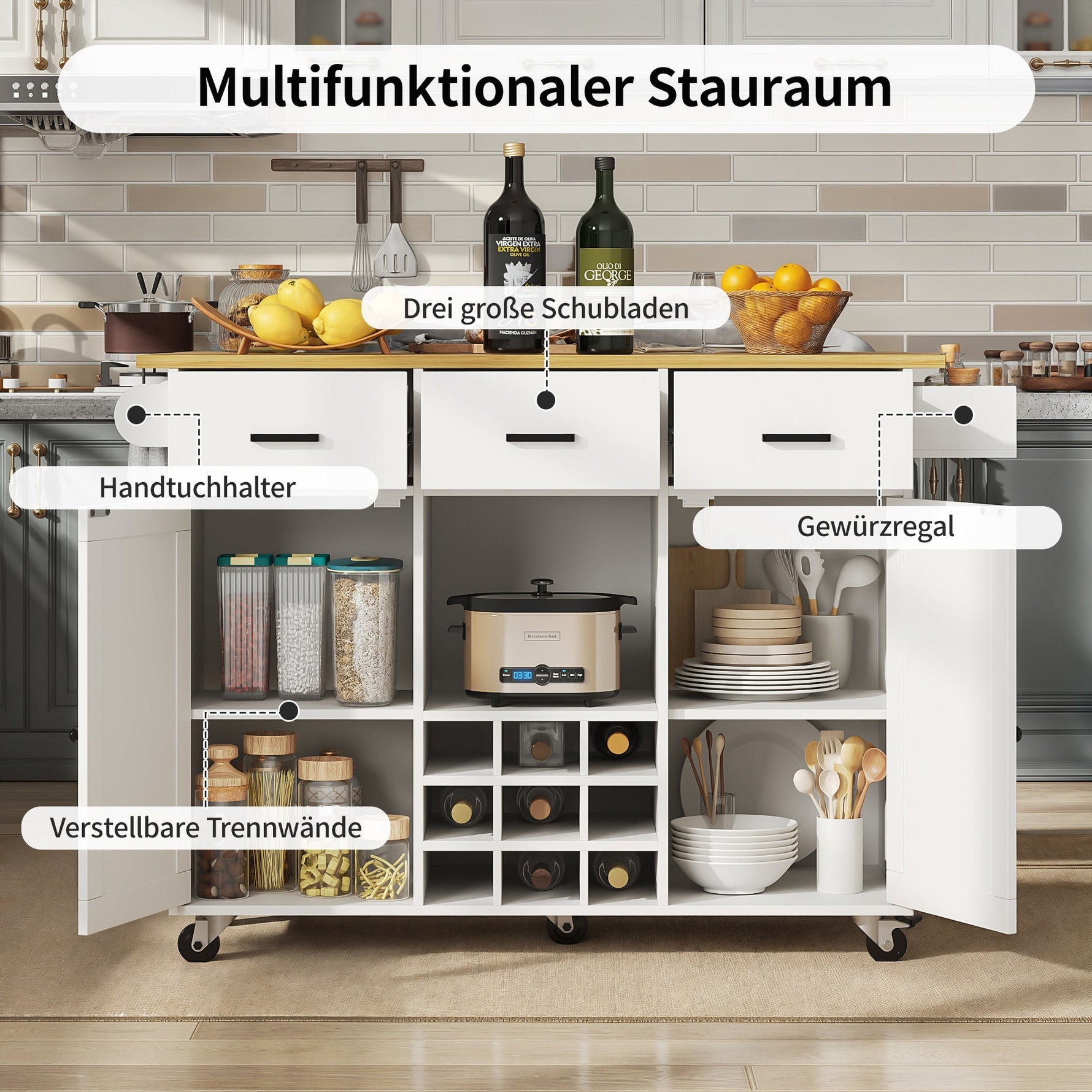 Dining Cart Removable Worktop Spice Rack Adjustable Storage - White