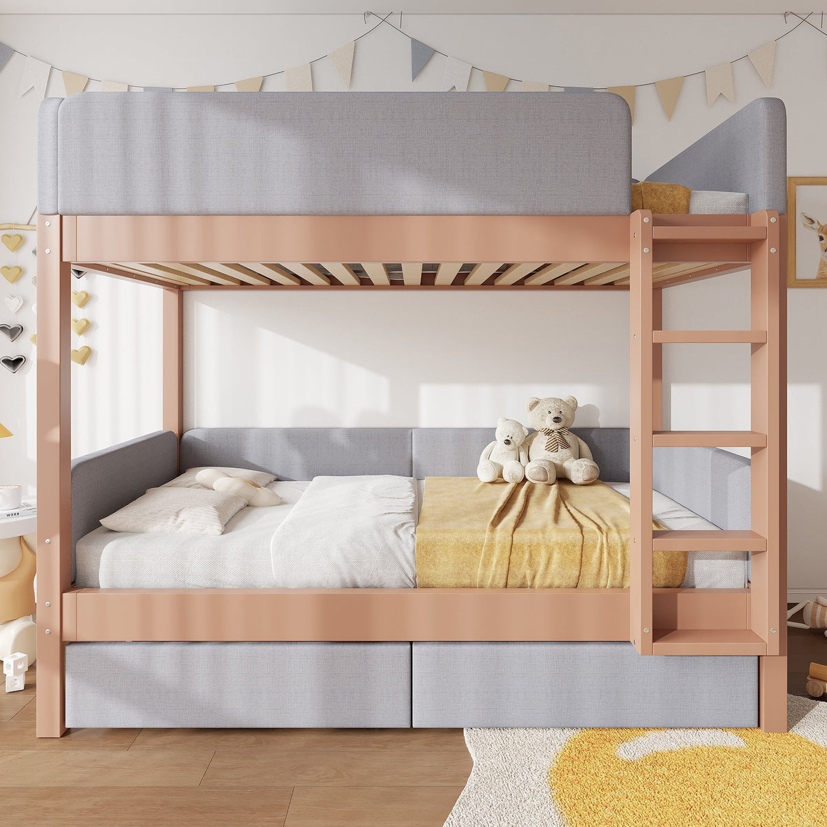 Bunk Bed with Anti-Collision Edge, Straight Staircase and Two Drawers, 90x200cm, Grey and Natural Rubberwood + MDF