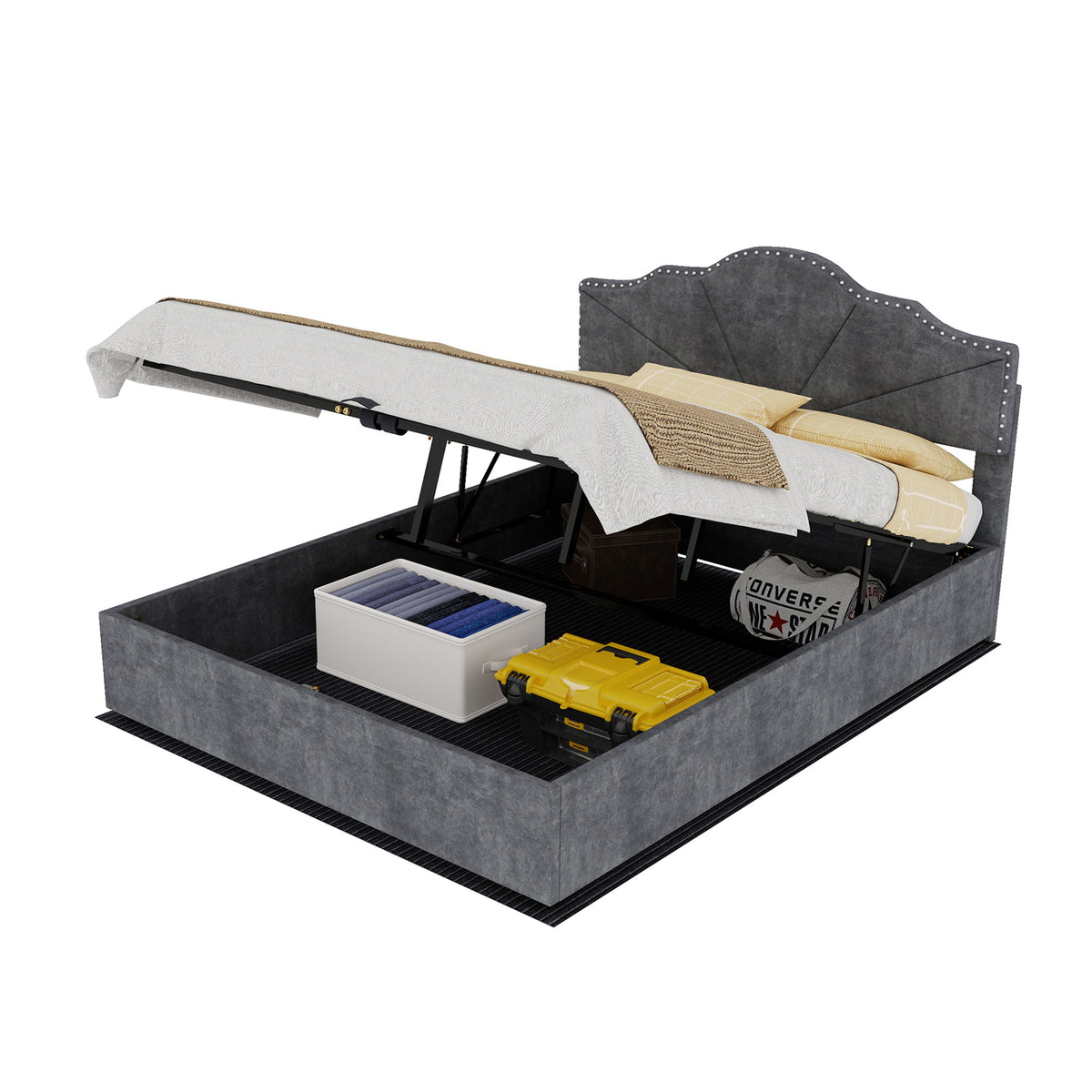 Modern Soft Bed 140x200cm with Mattress & Storage - Gray