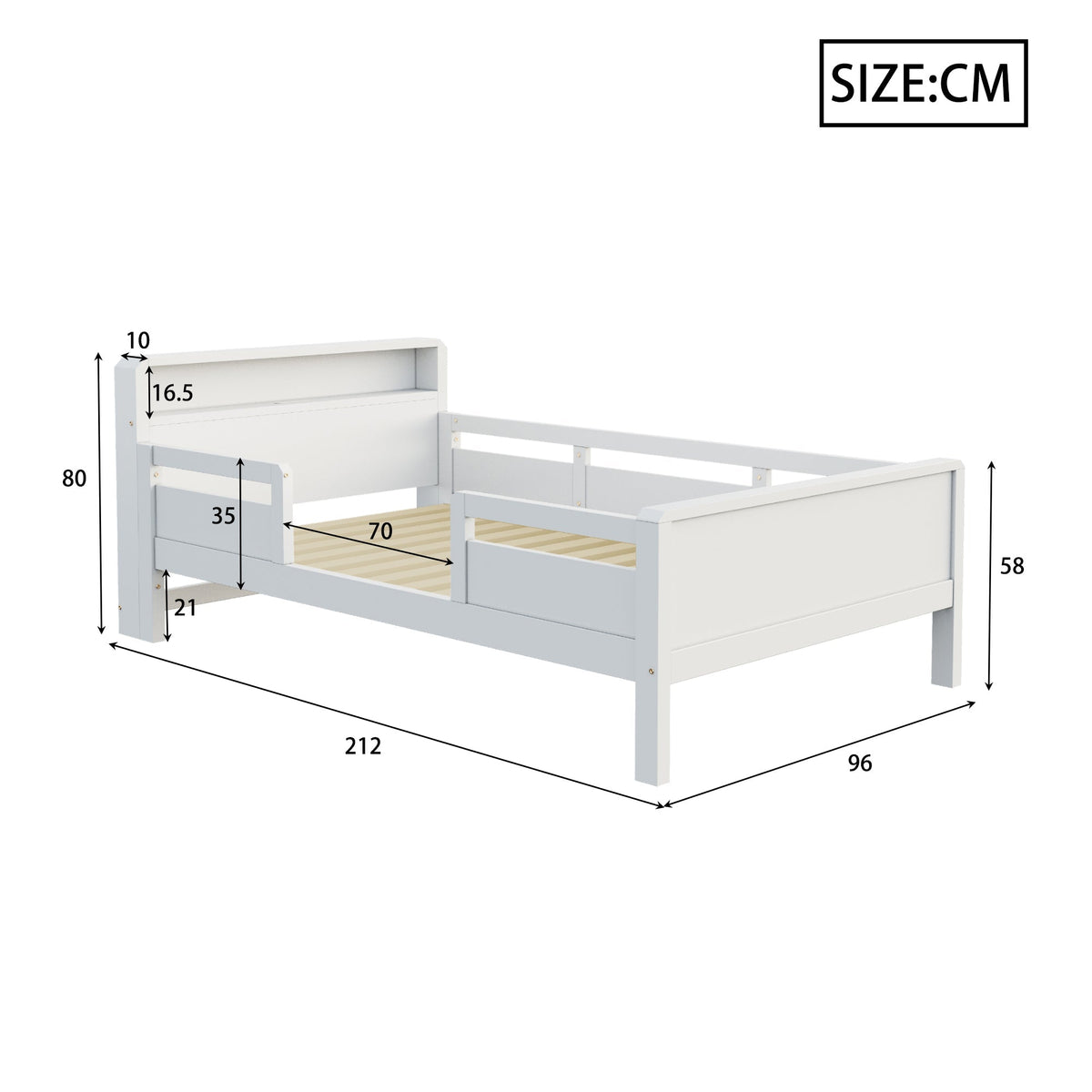 Wooden Bed, 90x200cm Multifunctional with USB & LED, Pinewood White