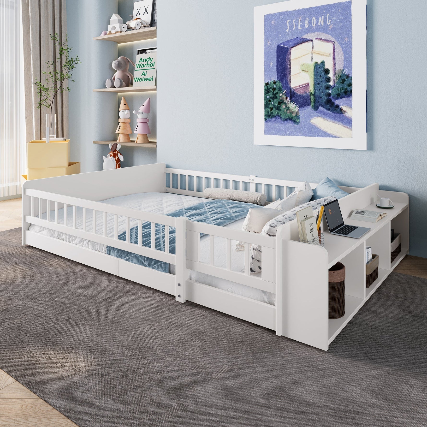 Children's Wooden Bed 140x190cm Open Storage Shelves Opening Case - Pine White