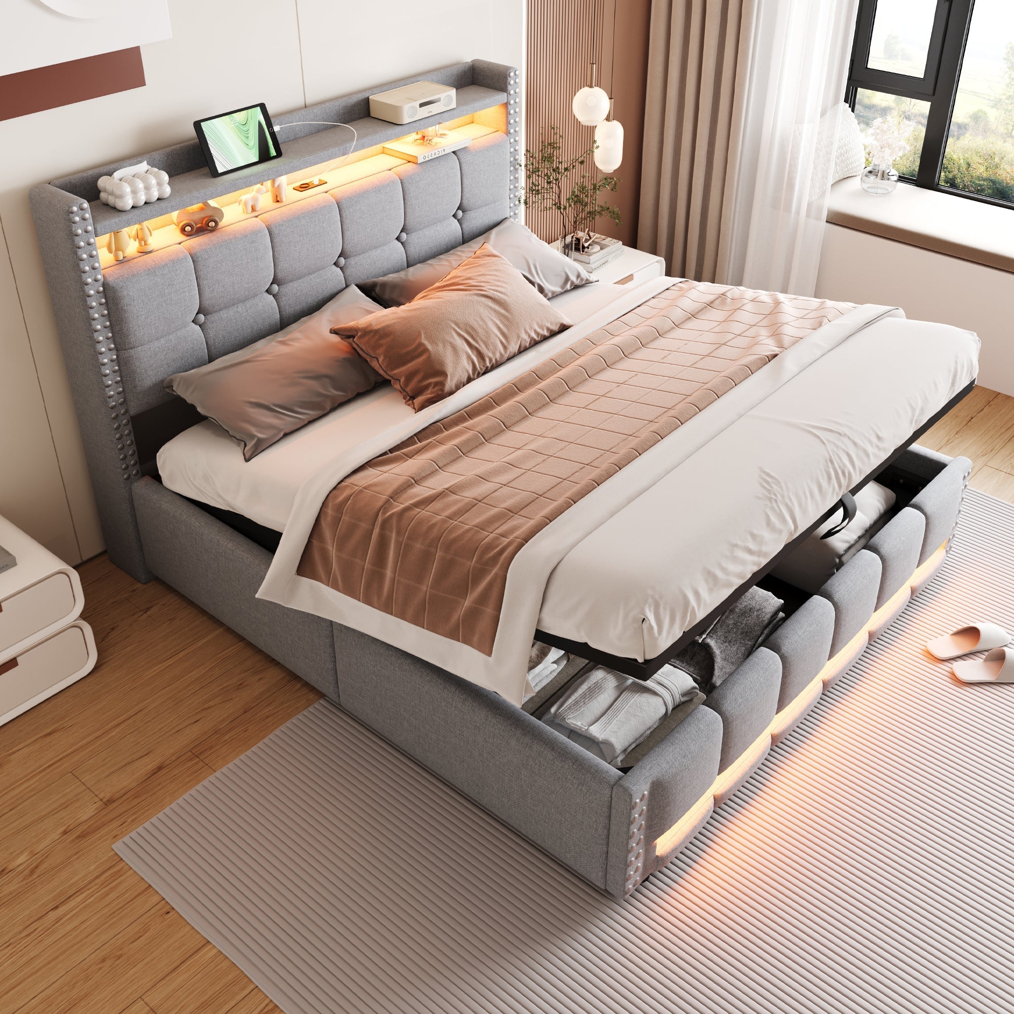 Upholstered Bed 160x200cm LED USB Hydraulic Storage Light Grey Linen Fabric
