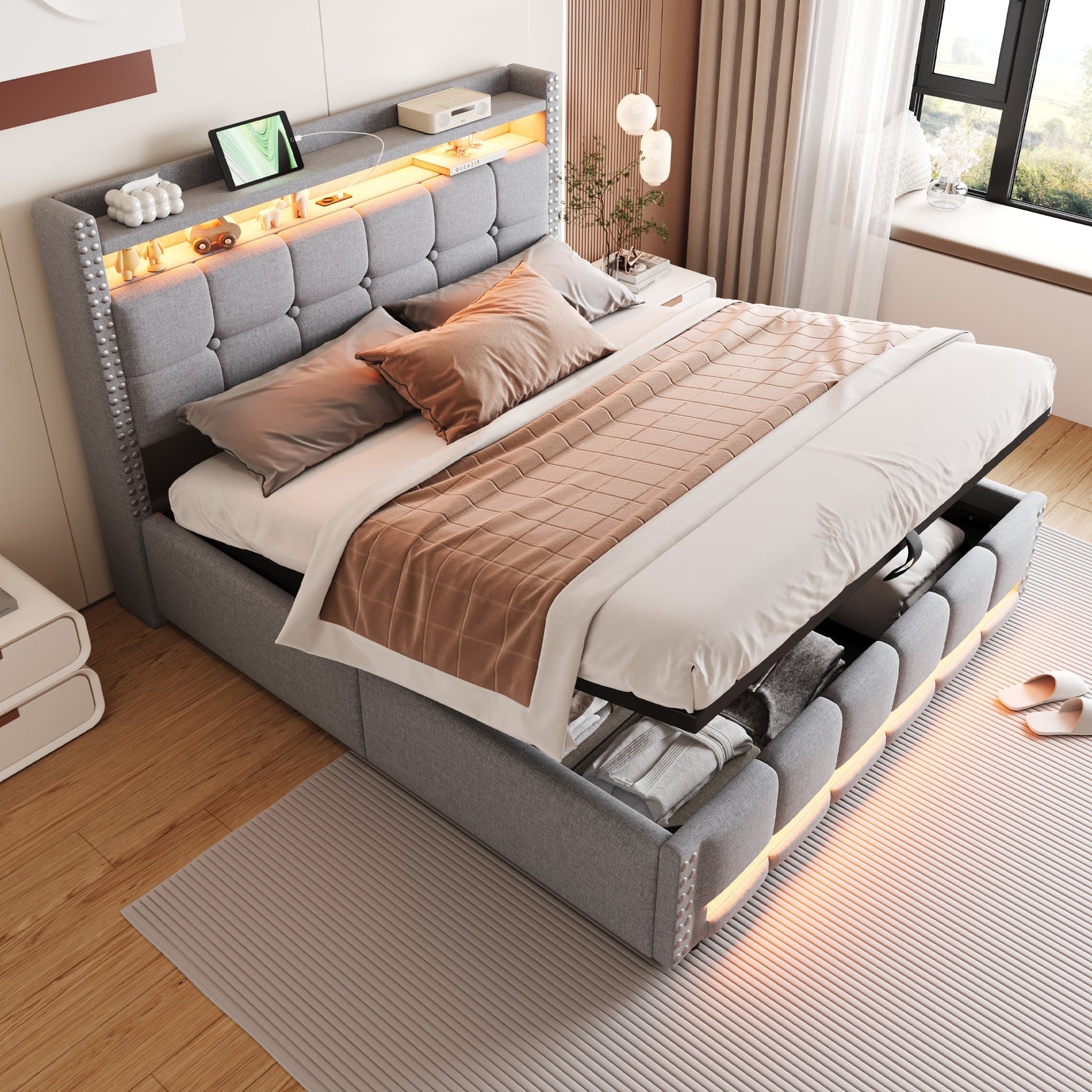 Upholstered Bed 160x200cm LED USB Hydraulic Storage Light Grey Linen Fabric