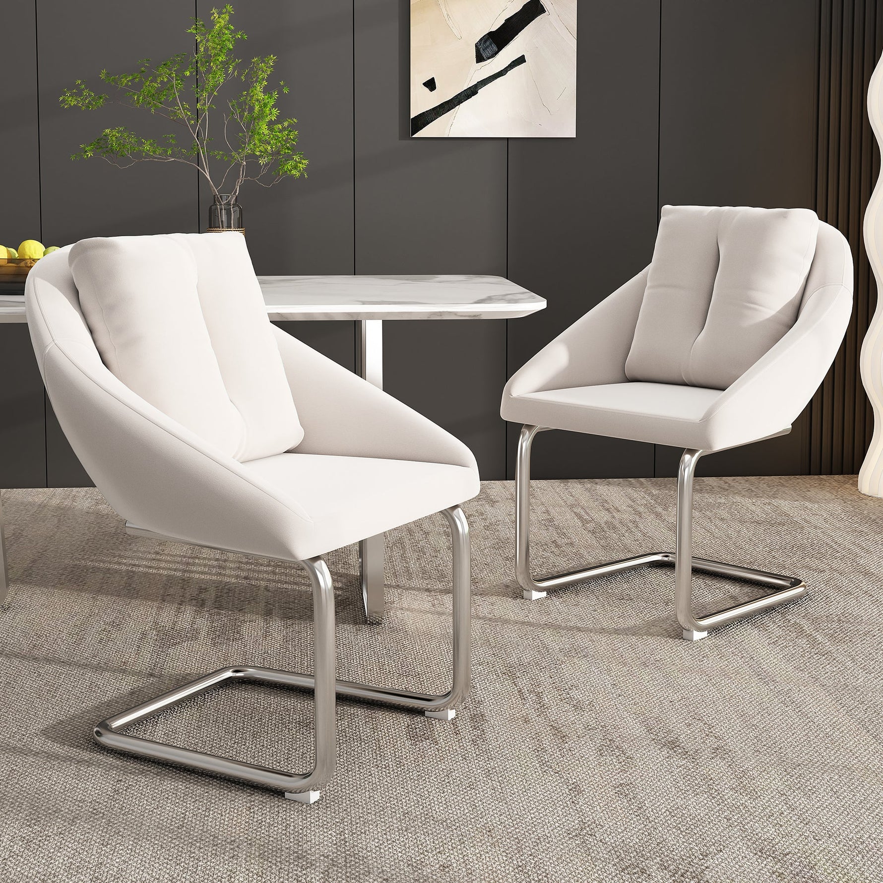 Velvet Dining Chairs, Set of 2 with Cushions, Curved Legs, Beige