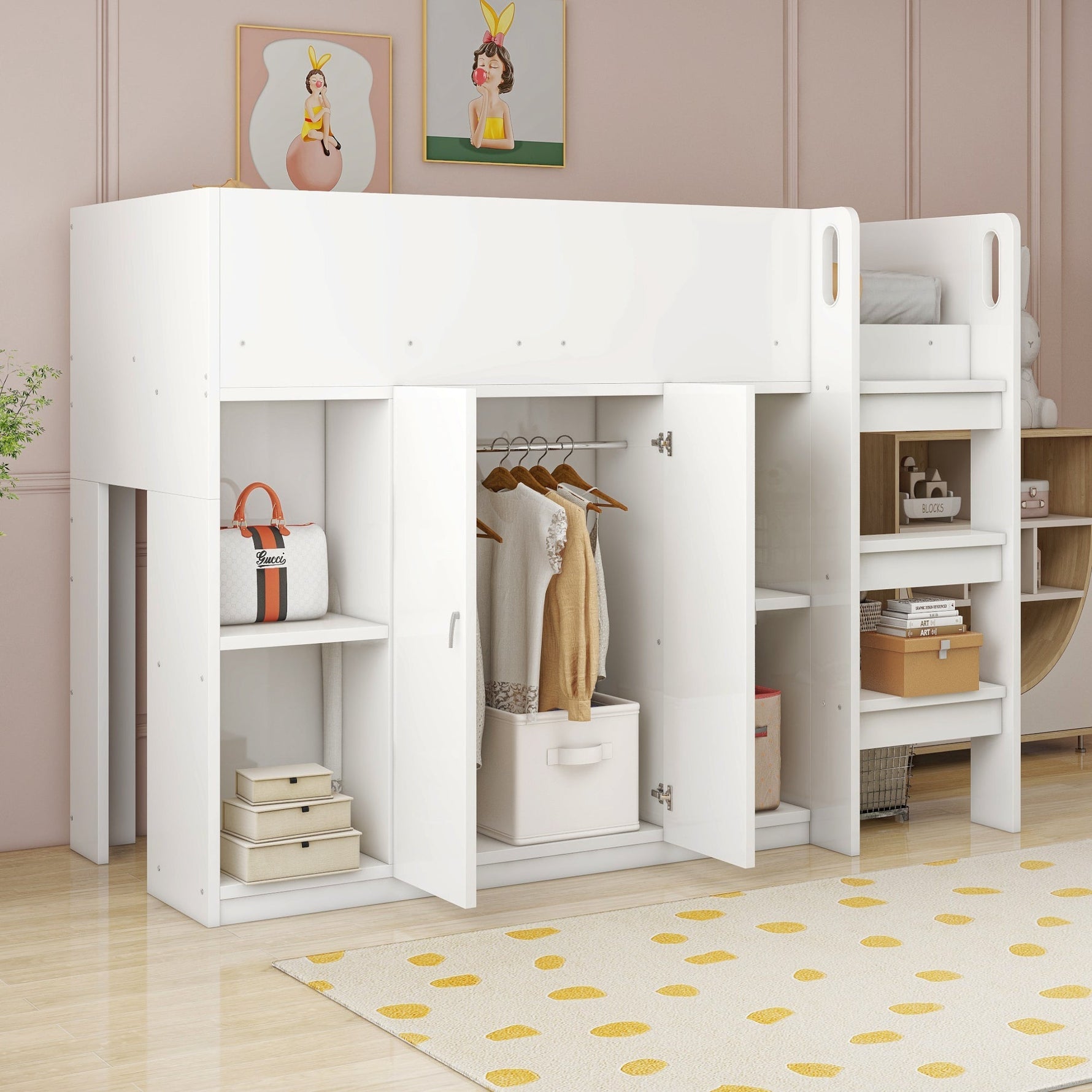 Loft Bed 90*200, Storage, Wardrobe, Shelves, Ladder, White