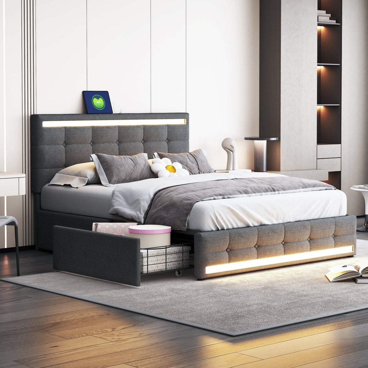 Upholstered Bed 140x200, LED, 4 Drawers, 2 USB Charging Stations, Linen Fabric Gray