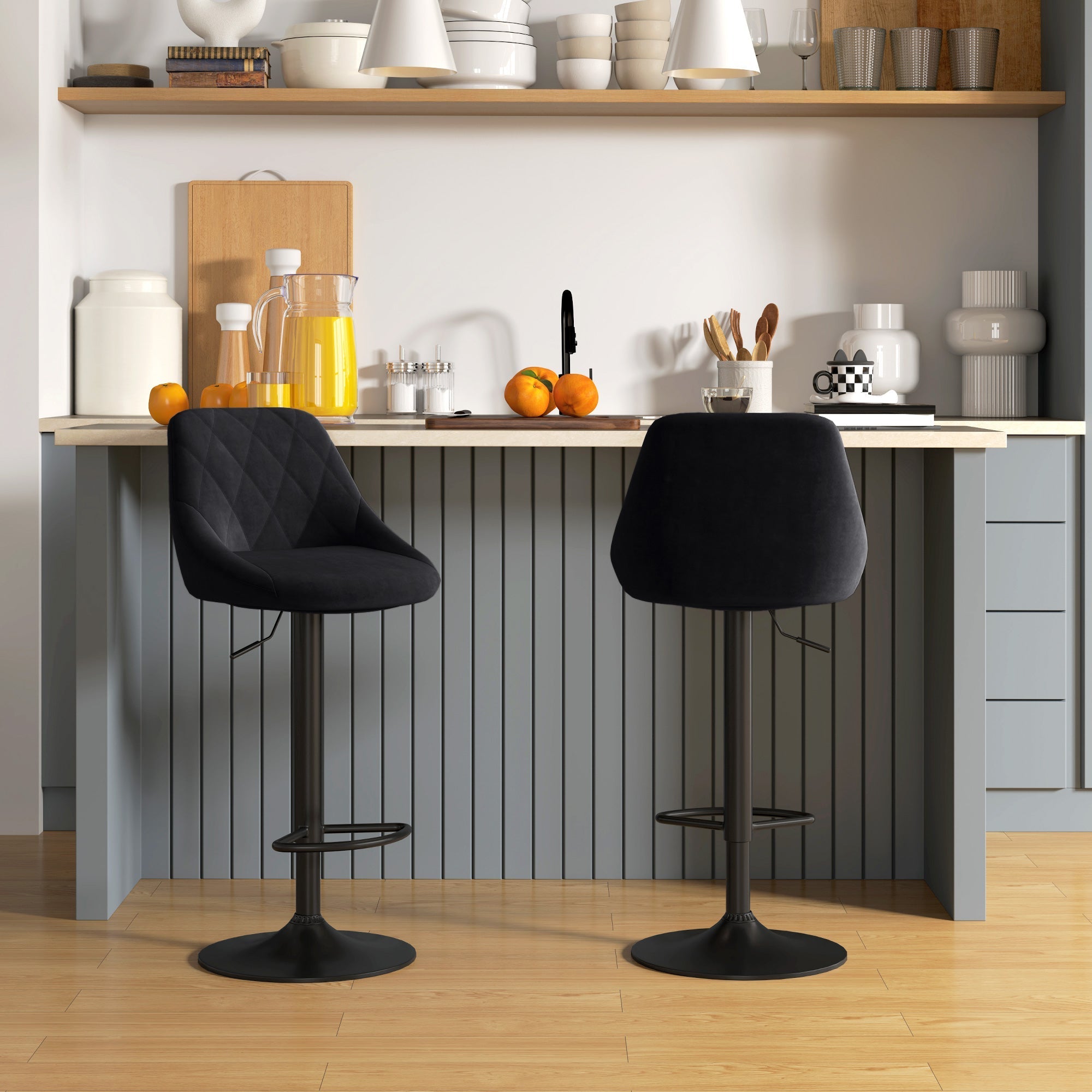 Bar Stool Set of 2, Height Adjustable with Footrest and Backrest, Velvet and Metal, Black