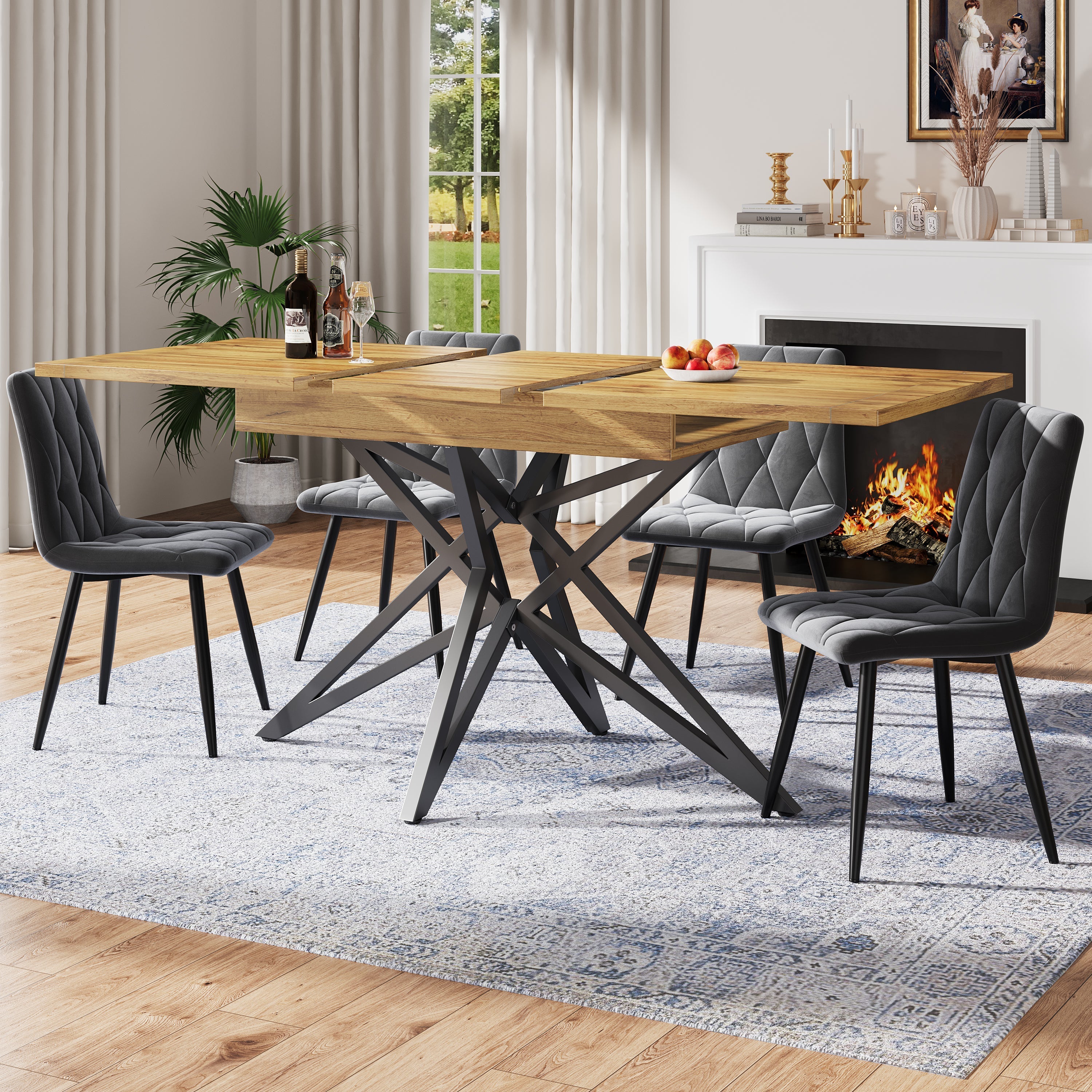 Extendable Dining Table with Star-Shaped Legs, Walnut and Marble Look