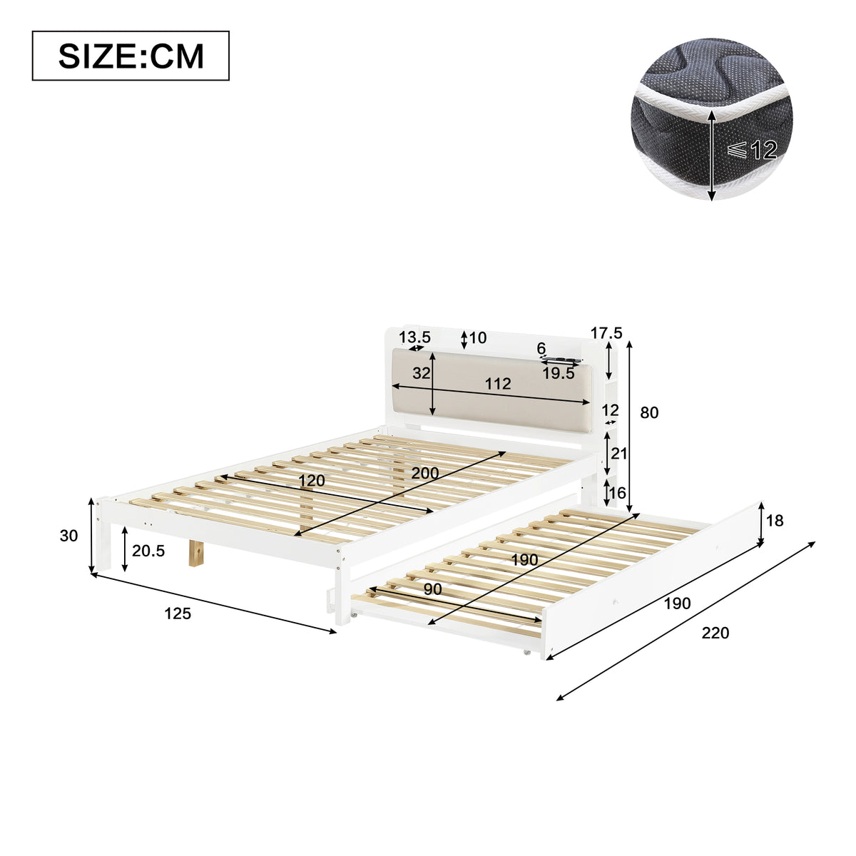Functional Bed 120x200cm with Pull-Out Bed & Storage, White Wood