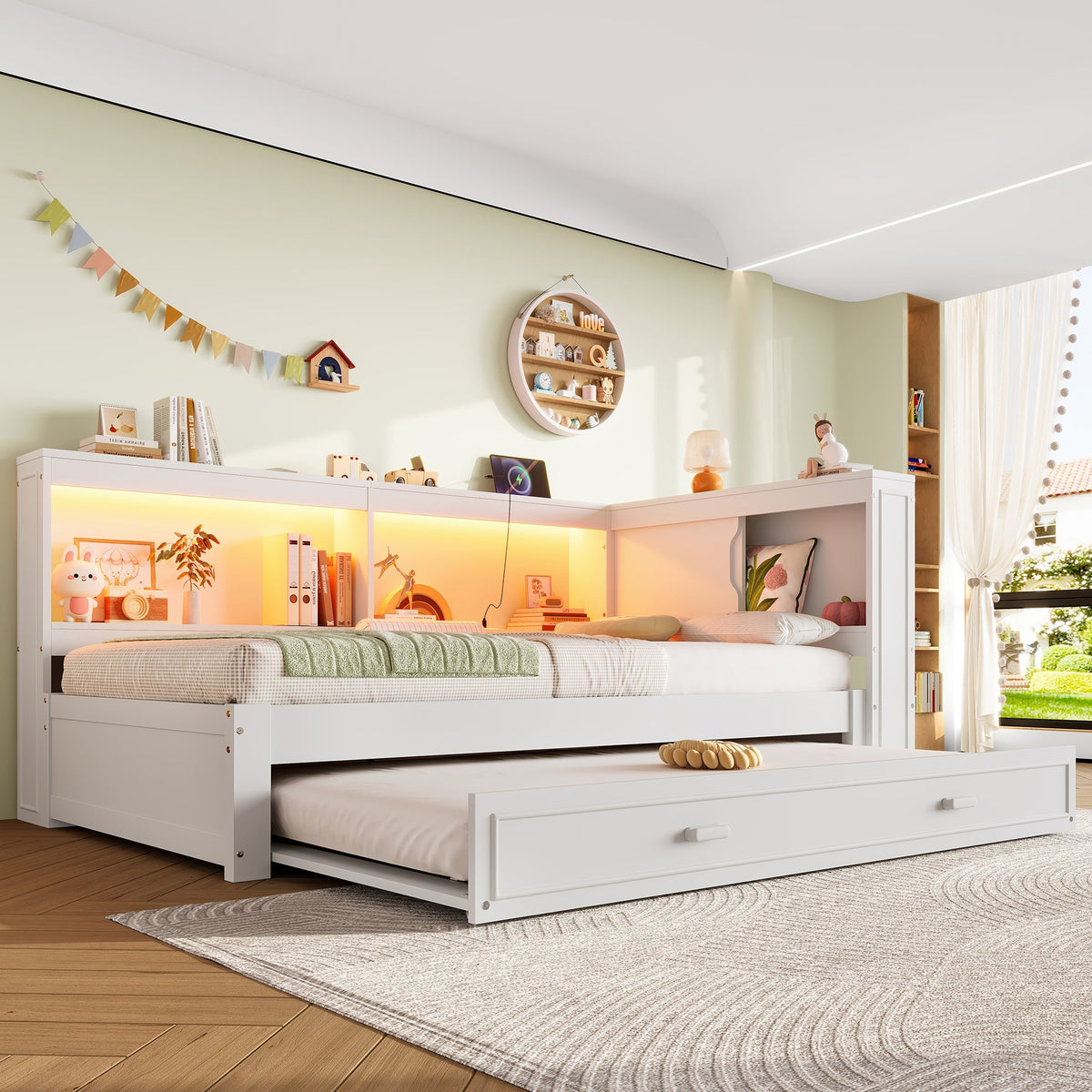 Daybed Sofa Bed, 90x200cm Pull-out LED/USB/Type-C Port, White