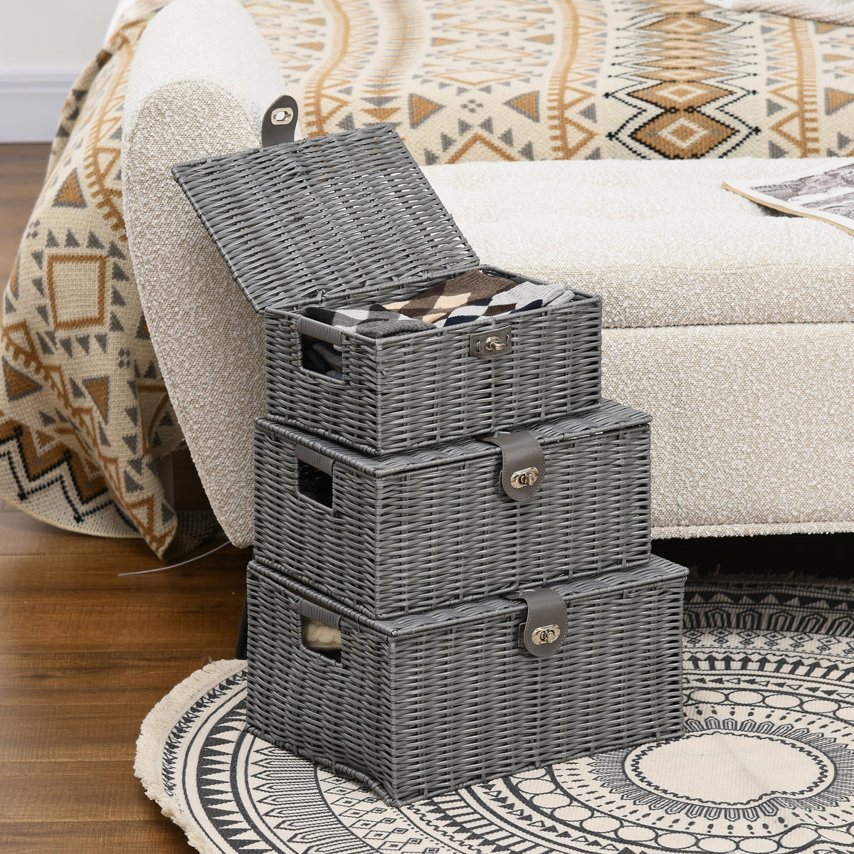 Storage Boxes Set of 3 with Lids & Buckles 18L 12L 7L, Grey