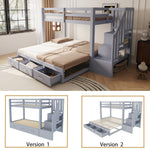 Bunk Bed with Pull-out Bed, Storage Ladder and Drawers, 90x200cm, Grey Wood