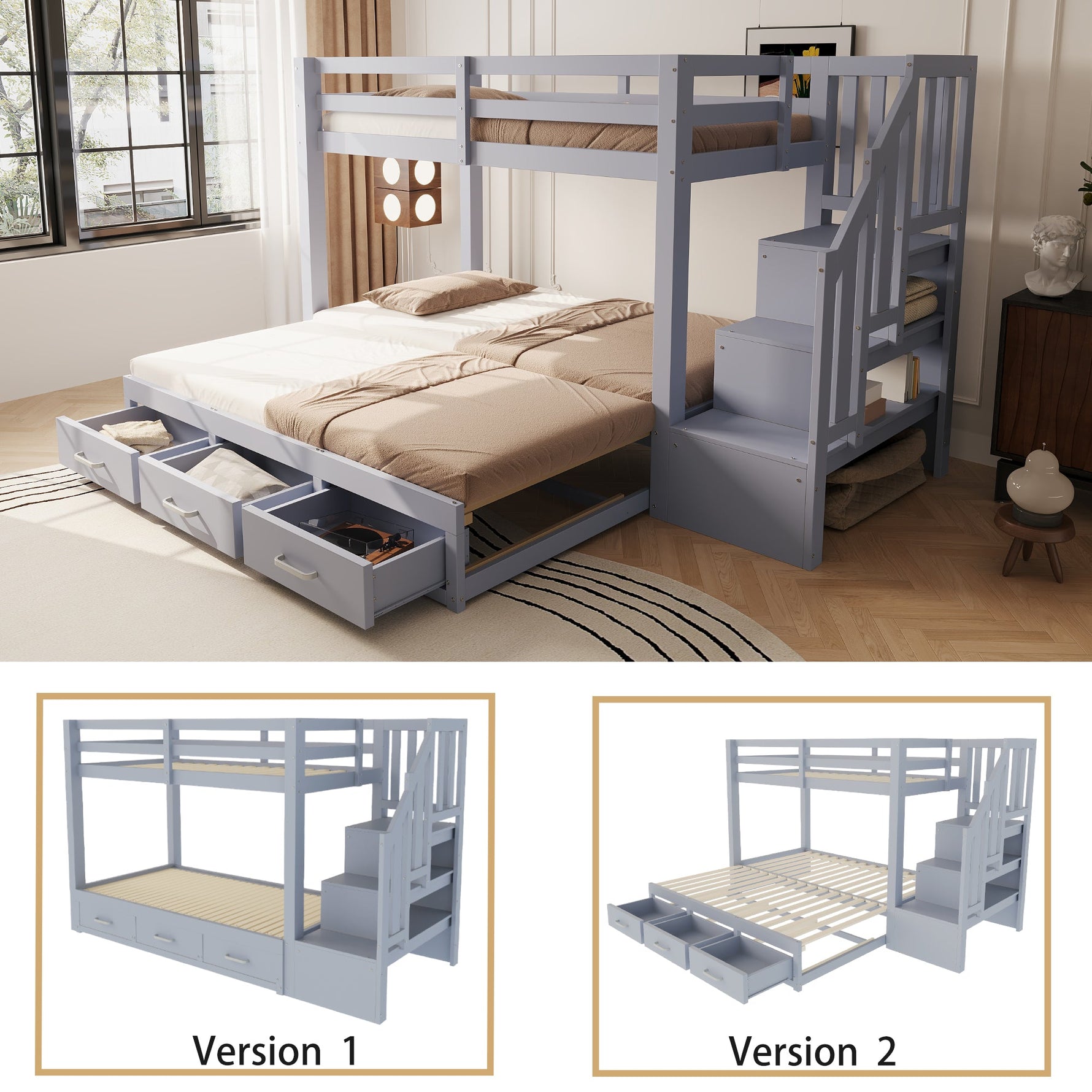 Bunk Bed with Pull-out Bed, Storage Ladder and Drawers, 90x200cm, Grey Wood
