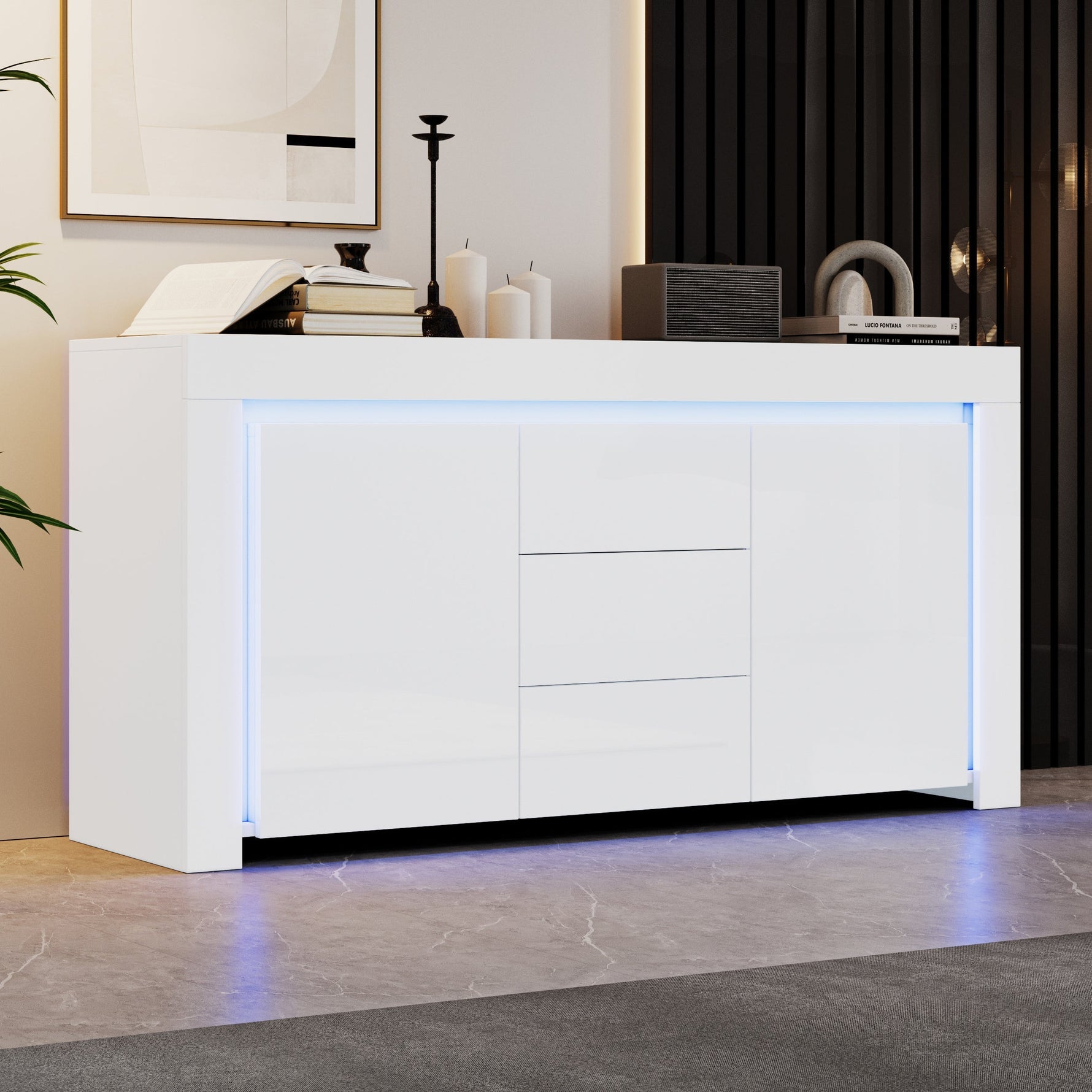 Living Room Cabinet 140cm 3 Drawers 2 Doors LED High-Gloss White