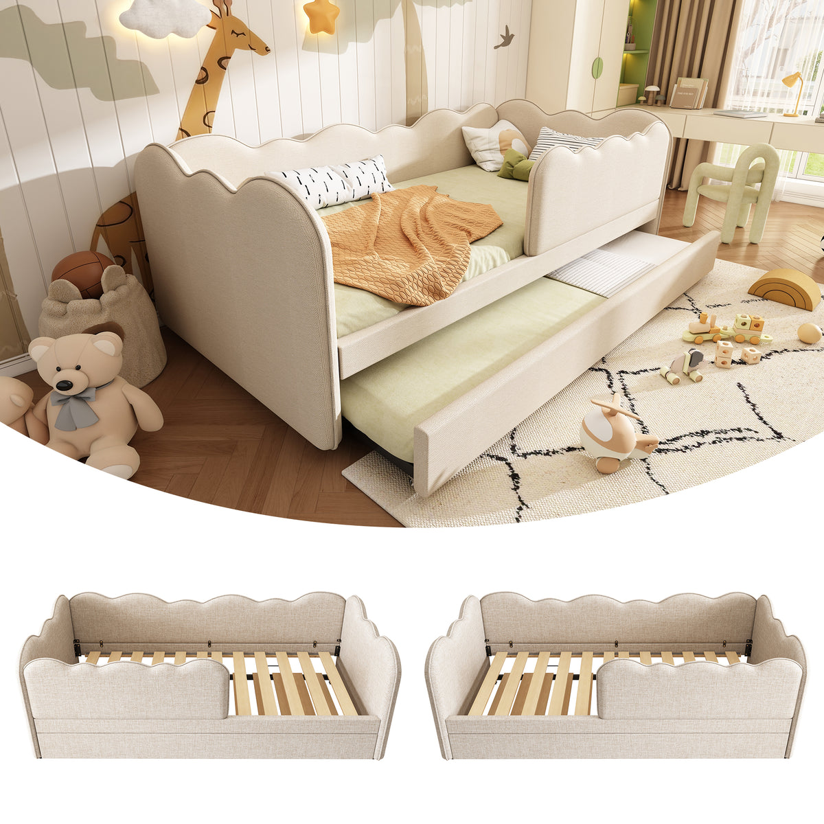 Upholstered Single Bed 90x200cm with LED & Storage, Beige Velvet