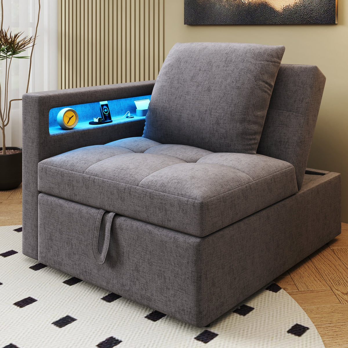 Upholstered Sleeper Sofa, 3-in-1 Multifunctional LED USB Ports, Linen Fabric