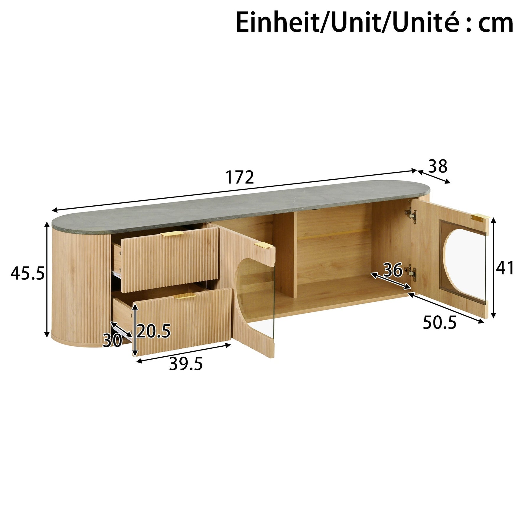 Modern Minimalist TV Cabinet with 3D Stripes and Glass Display, Wood Look and Grey Glass