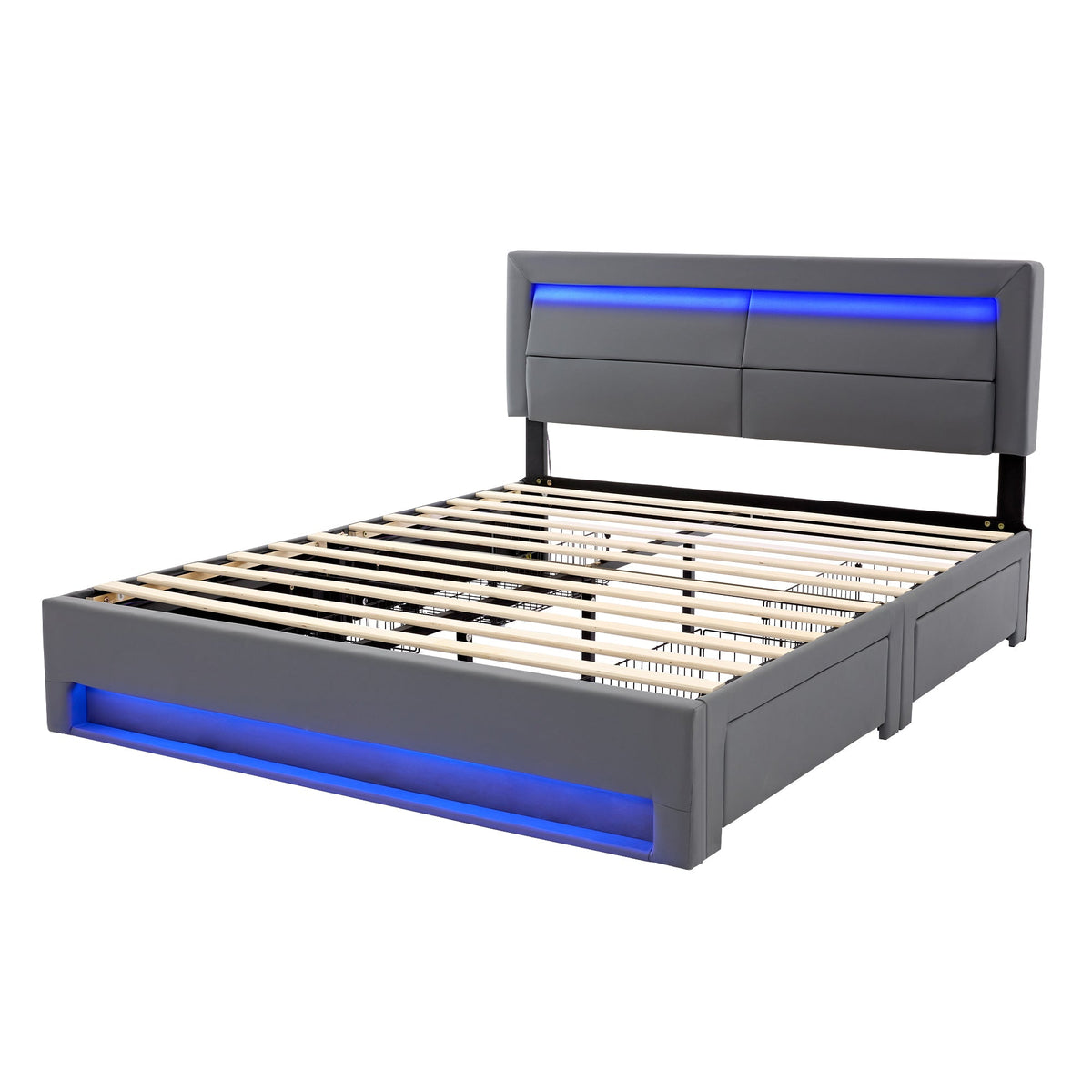 Upholstered Bed 140x200cm USB LED Light 4 Drawers - Grey