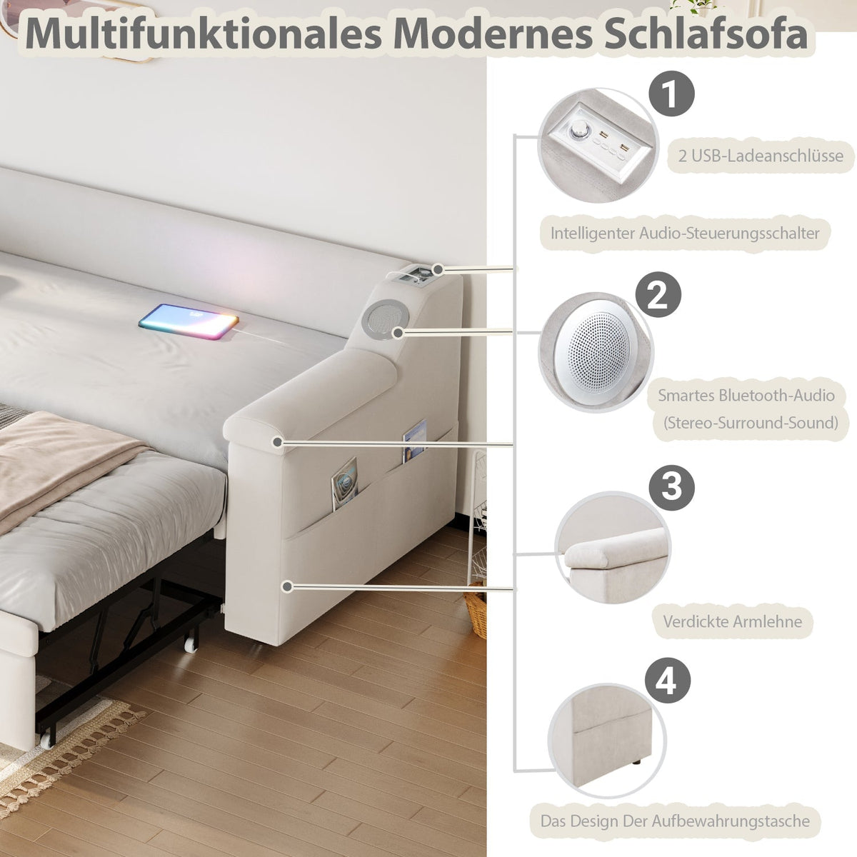 Sofa Bed, 90/180*190cm, Bluetooth, USB, Storage, Slatted Frame, Velvet Beige