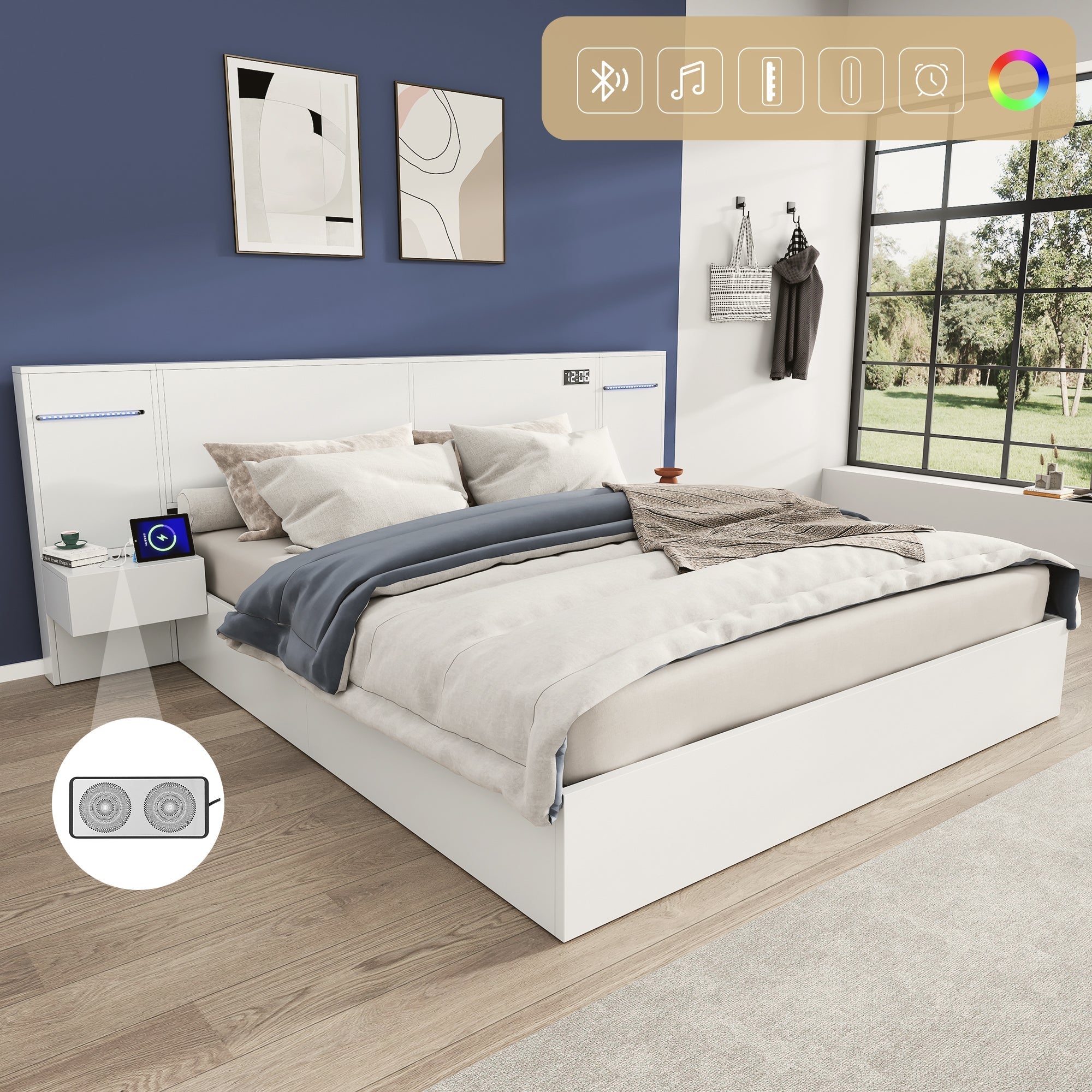 Double Bed with USB Port, Bluetooth Speaker, LED and 2 Bedside Tables, 180x200cm, White Wood