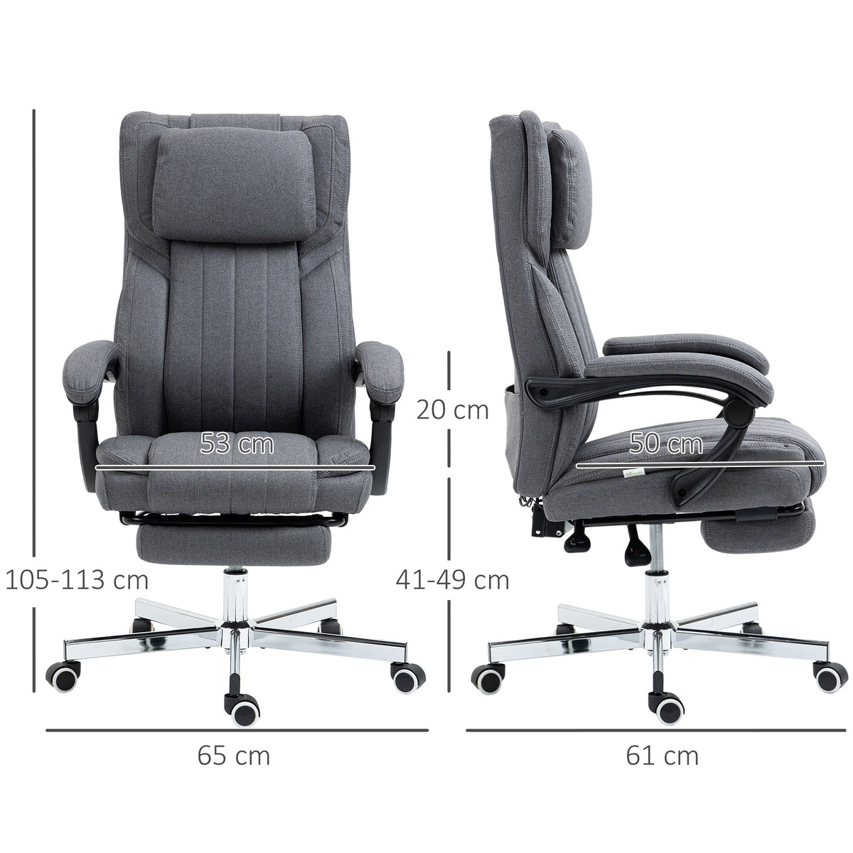 Office Chair Massage Modes Reclining Height Adjustable Footrest, Grey Linen Look