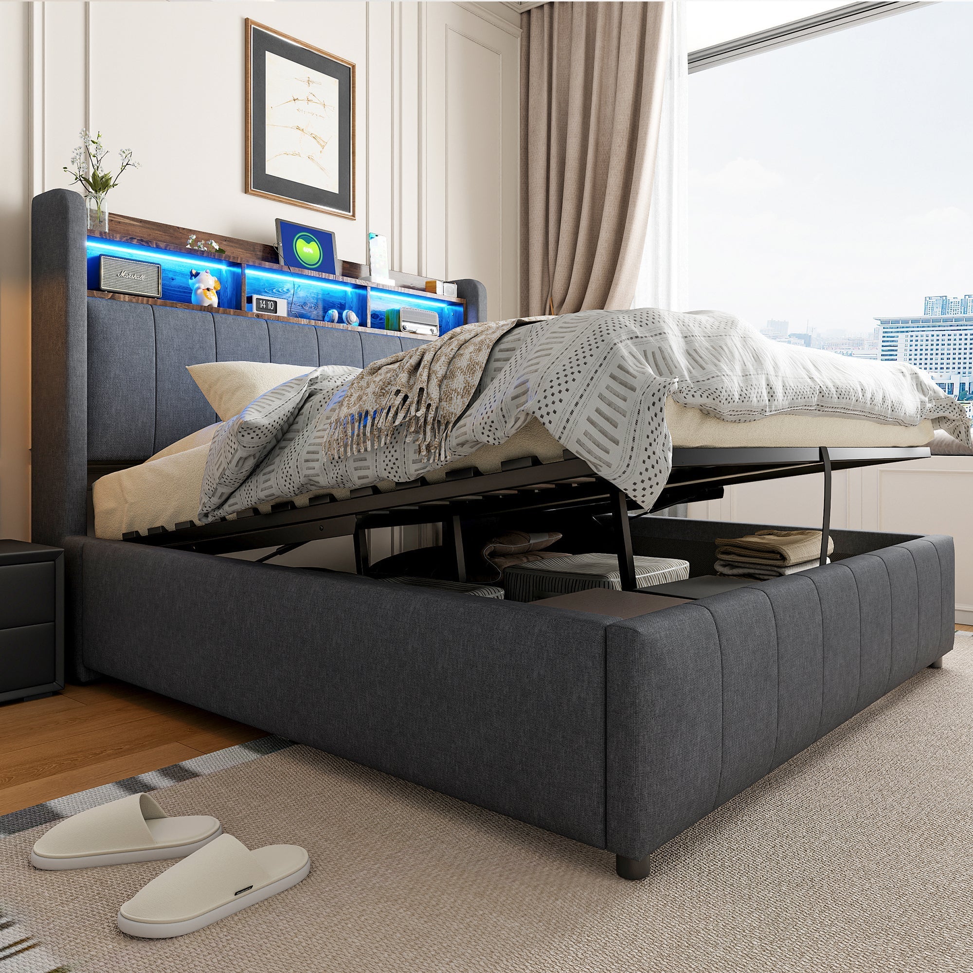 Upholstered Bed 140x200cm, LED & USB, Hydraulic Storage, Grey Linen