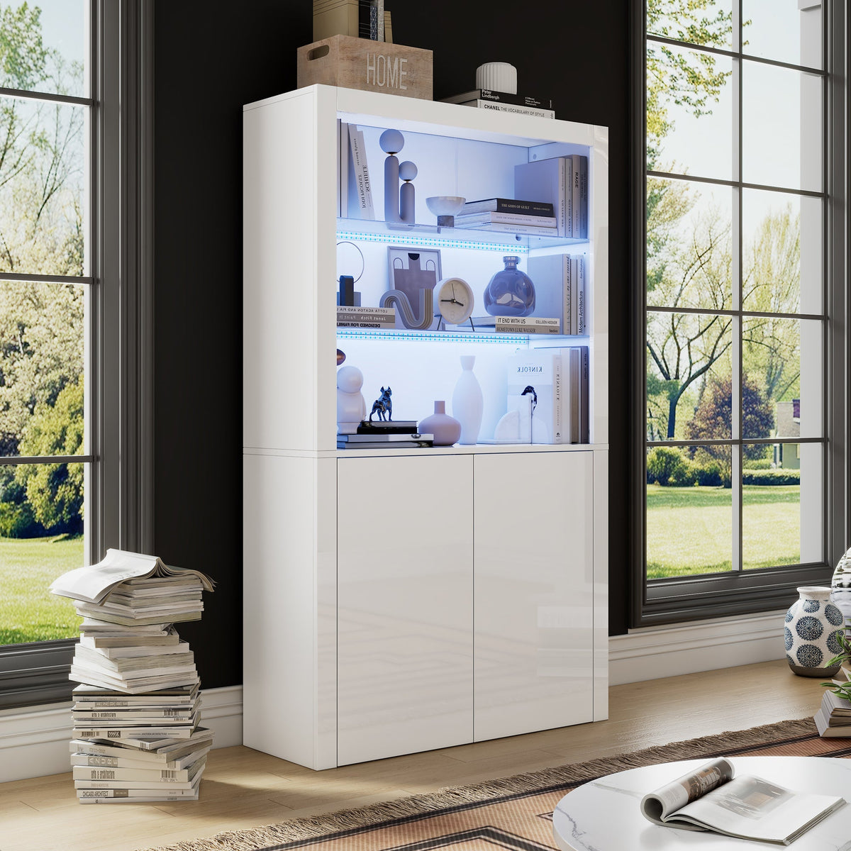 Sofa Sideboard Tall Cabinet, Display Storage with LED Lights, Tempered Glass, 100 x 35 x 170 cm, High-Gloss