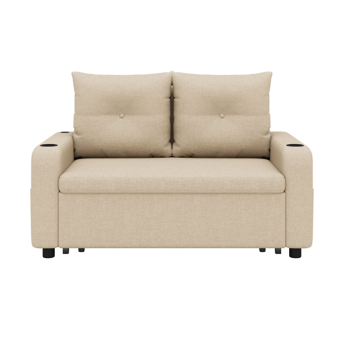 3-in-1 Sleeper Sofa with Pull-Out Bed, Cup Holder, USB Port and Side Pockets, Beige Cotton Linen