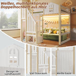 Loft Bed with LED Lights, Window Design and Storage Ladder, White and Natural