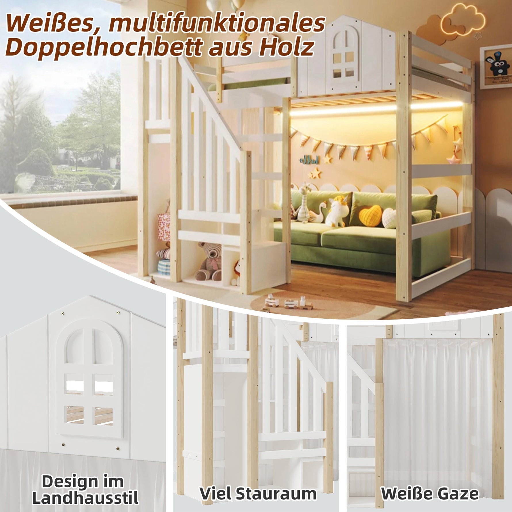 Loft Bed with LED Lights, Window Design and Storage Ladder, White and Natural
