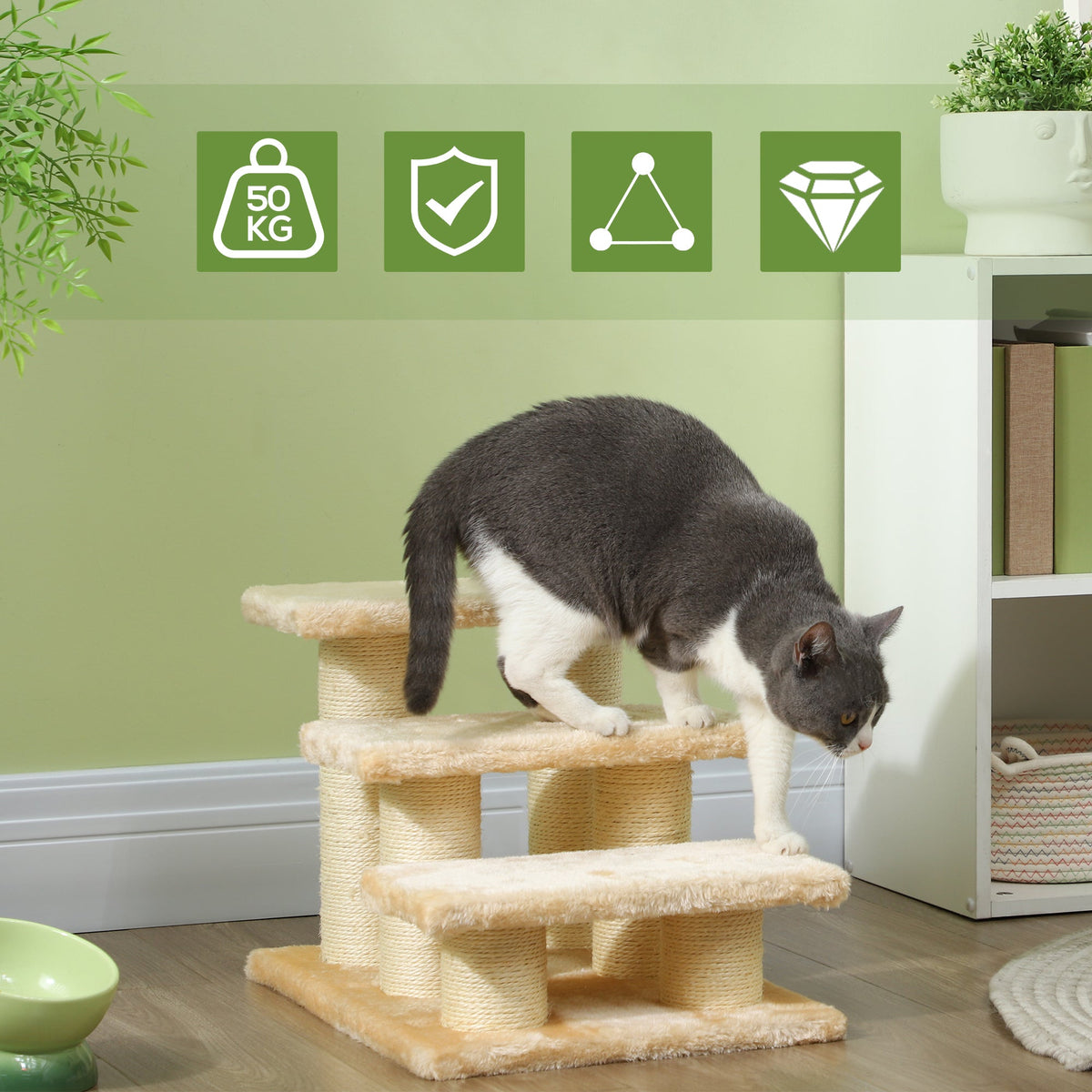 Cat Stairs, 11cm Step Height for Older Pets, Plush Cream