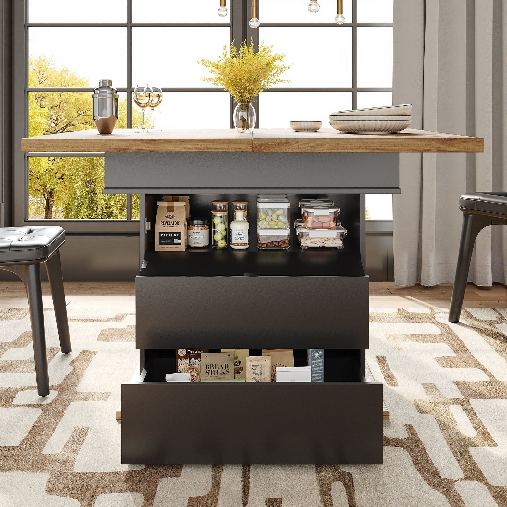 Telescopic Dining Table, Extendable with Storage Shelves for 4-6 People, Black