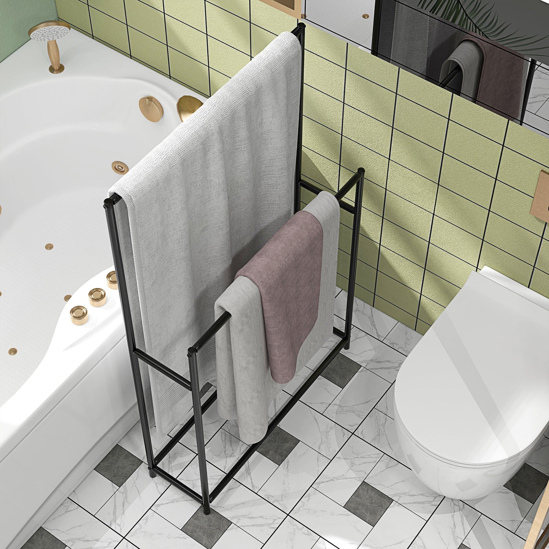Towel Rail, Freestanding with 2 Rails, Metal, Black