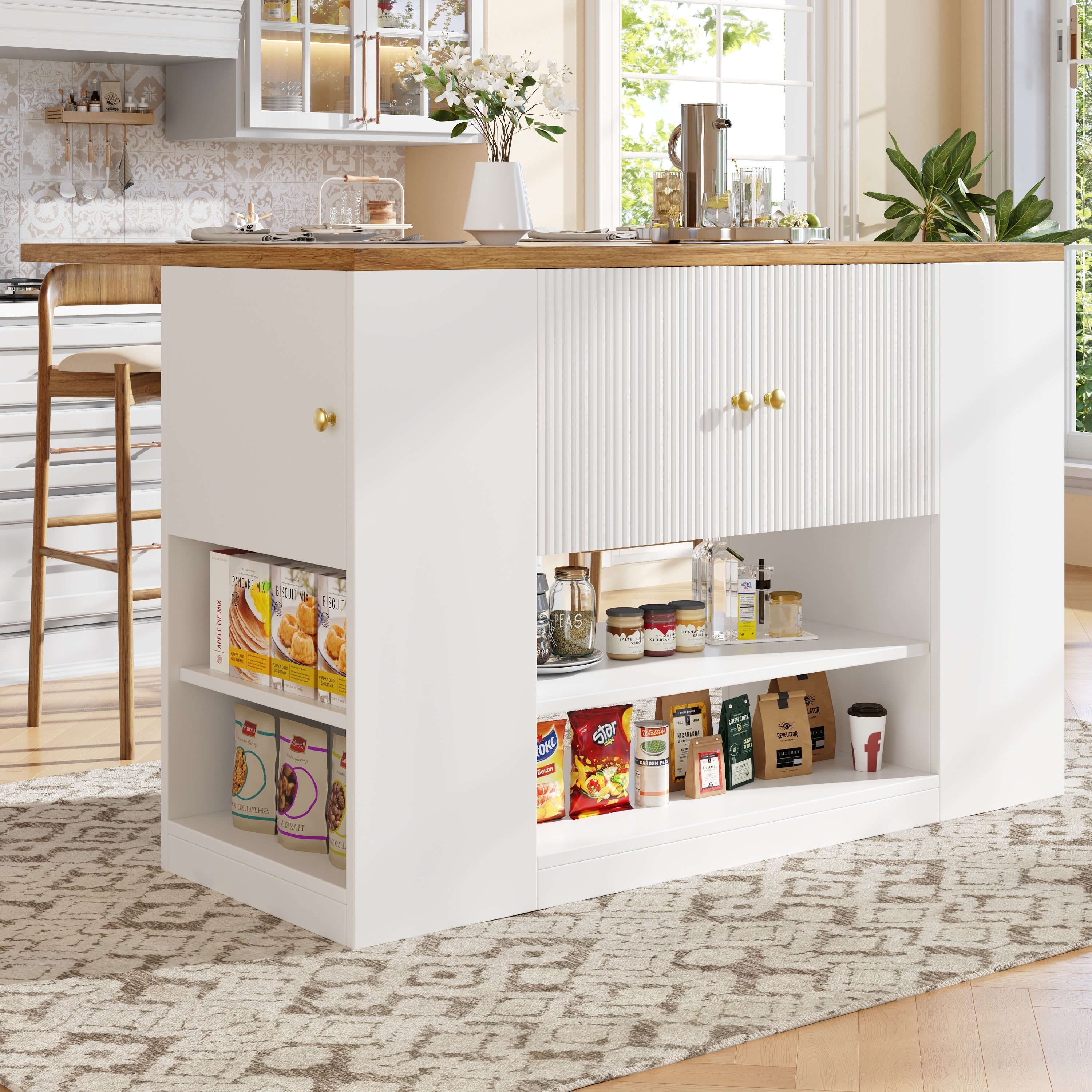 Modern Kitchen Island Sideboard with Drawers and Shelves - White