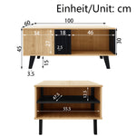 Coffee table with side table and drawer, versatile storage, wood and black design