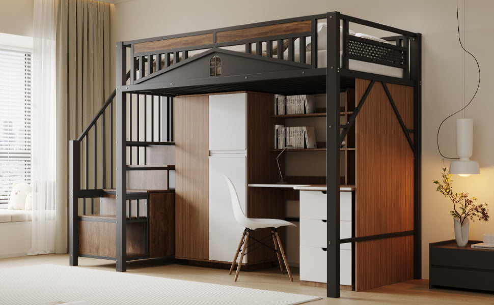 Metal Loft Bed, 90 x 200 cm, Safety Enclosure with Window & Ladder, Black