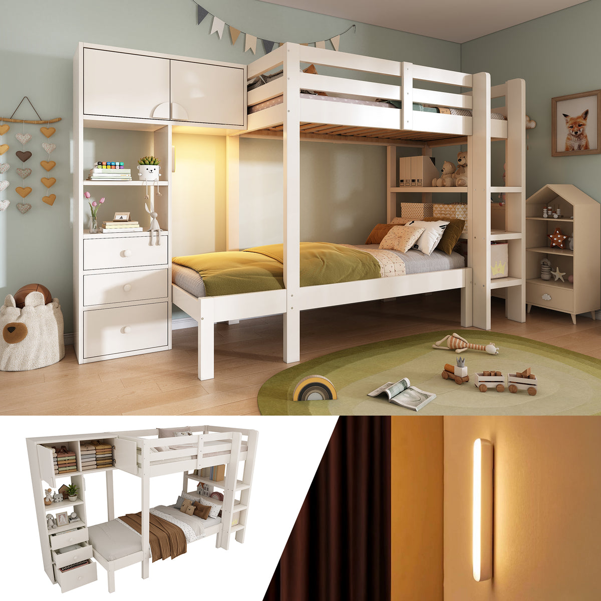 Bunk Bed 90x200 cm with Wardrobe & Storage Drawers, White